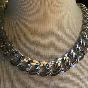 MONET Chunky Heavy Modern Double Link Silver Tone Necklace Signed